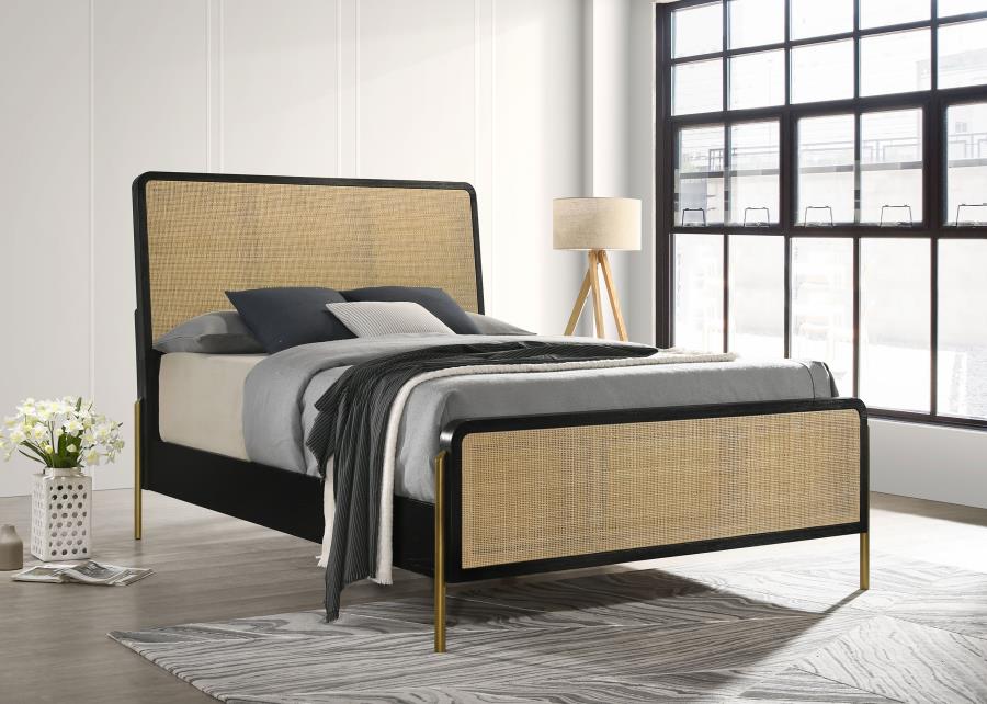 Arini Rattan Panel Bed β Sleek Black & Natural Boho Charm