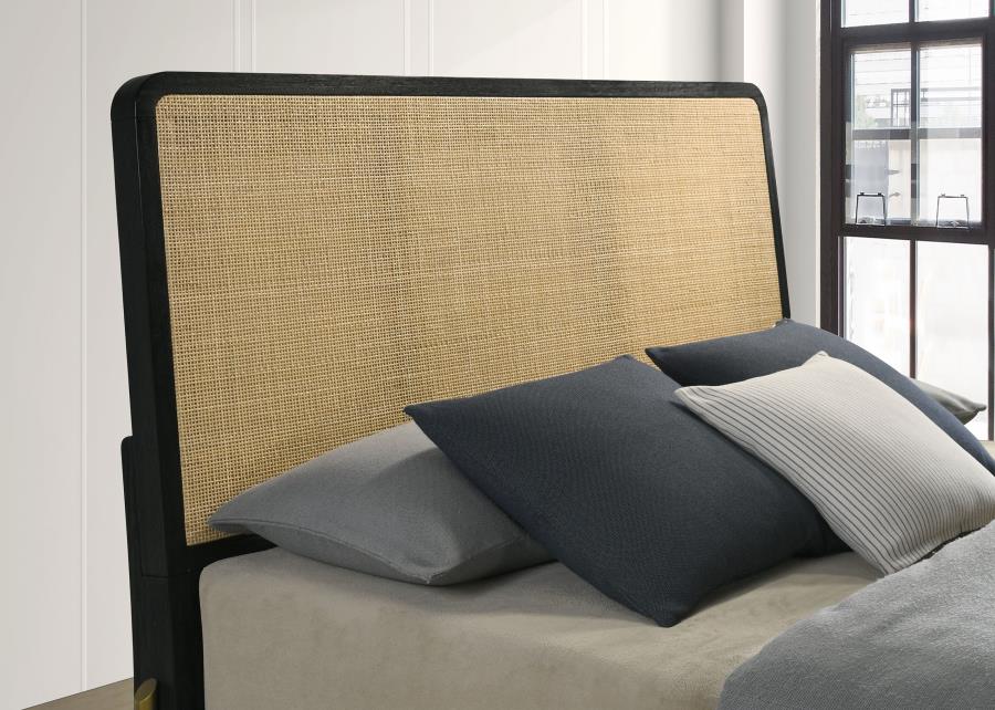 Arini Rattan Panel Bed β Sleek Black & Natural Boho Charm