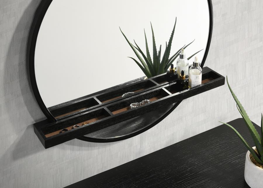 Arini Round Wall Mirror β Black Vanity Design with Handy Shelf