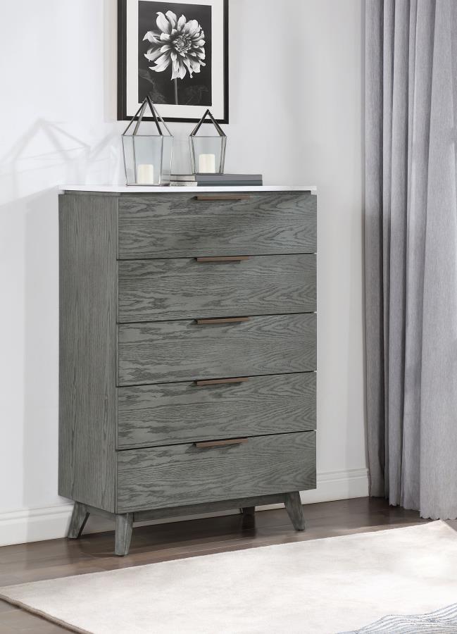 Nathan 5-Drawer Chest β White Marble & Grey Finish for Modern Elegance and Practical Bedroom Storage DISC