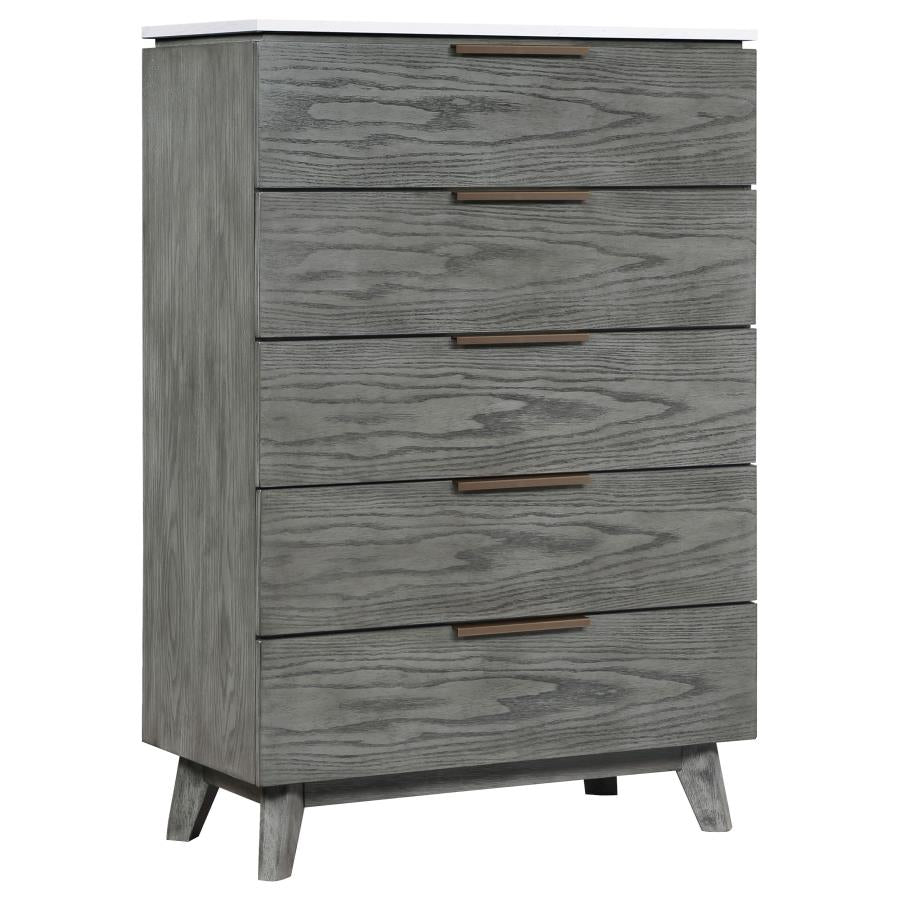 Nathan 5-Drawer Chest β White Marble & Grey Finish for Modern Elegance and Practical Bedroom Storage DISC