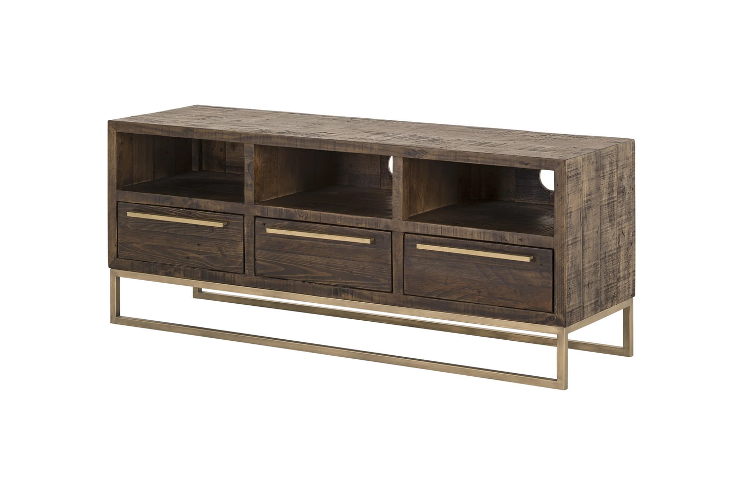 Monterey Rustic Elegance TV Console in Smokey Taupe – Fully Assembled, Featuring Open Shelves & Stylish Metal Legs for a Modern Rustic Look