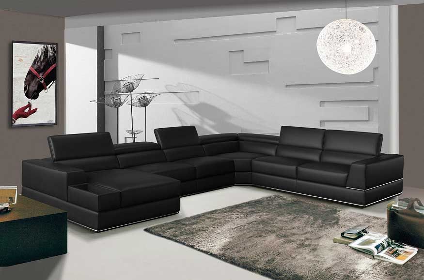 Divani Casa Pella - Modern Black Italian Leather U Shaped LAF Chaise Sectional Sofa