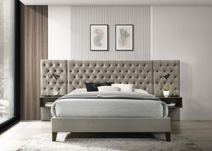 Marley Upholstered Platform Bed with Headboard Panels in Light Brown - Stylish and Comfortable Design for a Warm, Modern Bedroom