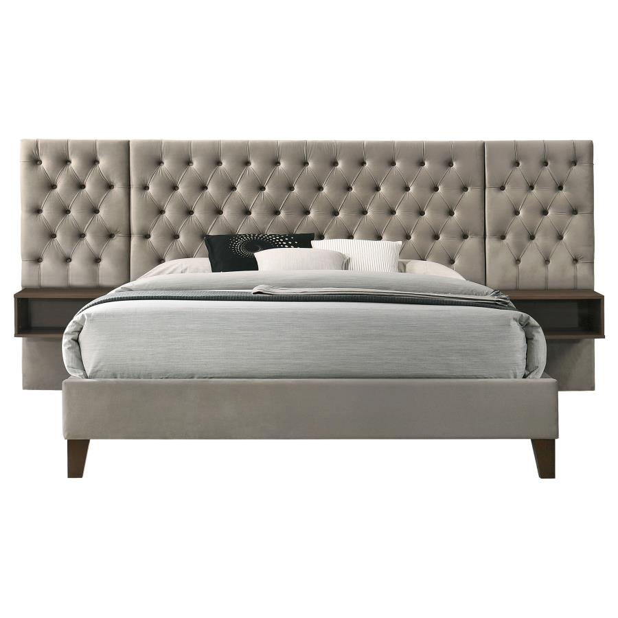 Marley Upholstered Platform Bed with Headboard Panels in Light Brown - Stylish and Comfortable Design for a Warm, Modern Bedroom