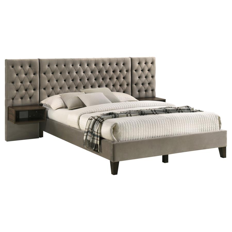 Marley Upholstered Platform Bed with Headboard Panels in Light Brown - Stylish and Comfortable Design for a Warm, Modern Bedroom