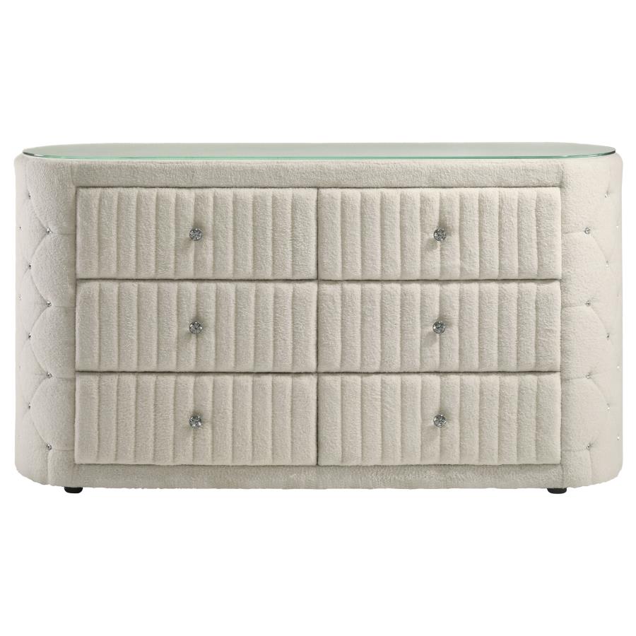 Sonya 6-Drawer Upholstered Bedroom Dresser – Ivory Fabric Storage Chest