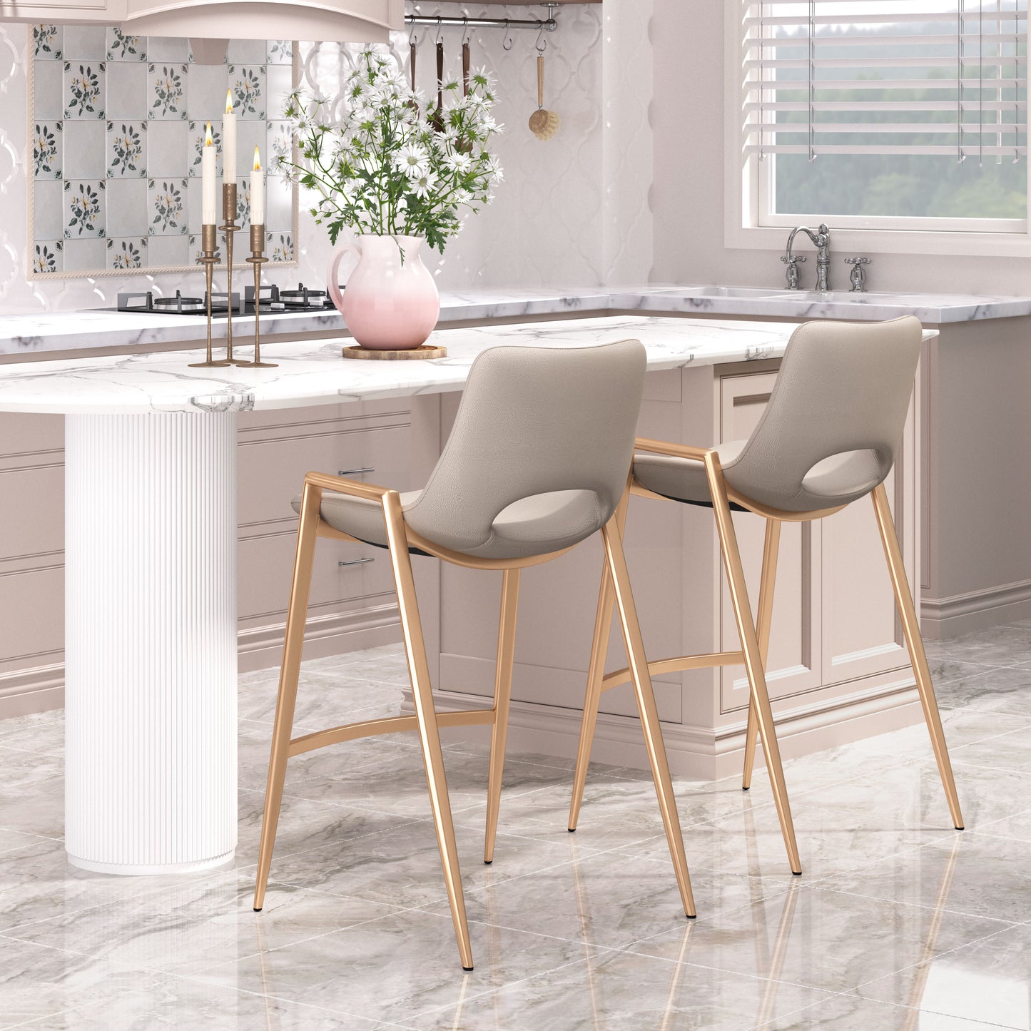 Desi Counter Stool Set of 2 - Chic Beige & Gold Design for Stylish Kitchens and Dining Areas