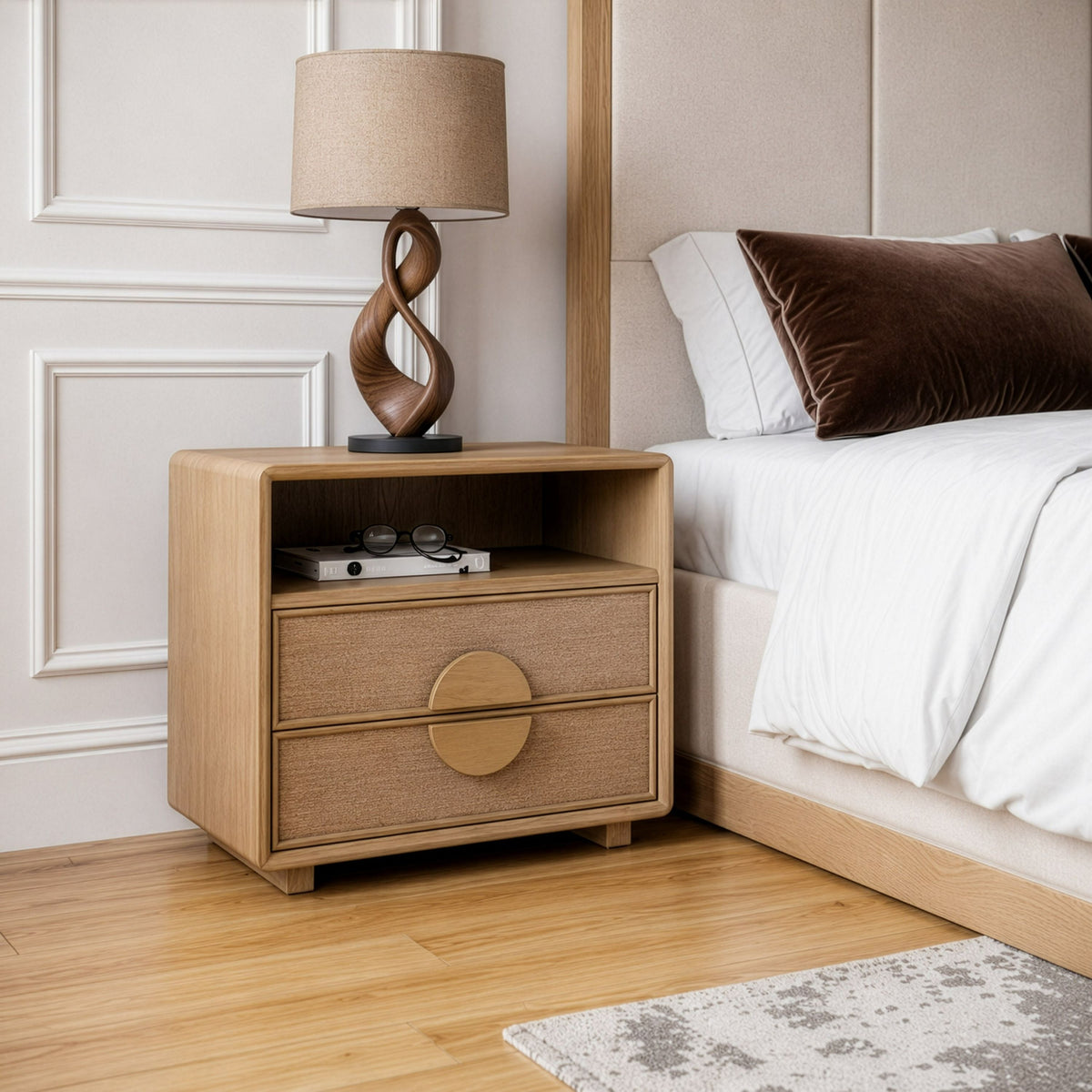 Sergio 4‑Piece Bedroom Set Natural Oak Upholstered Canopy Bed