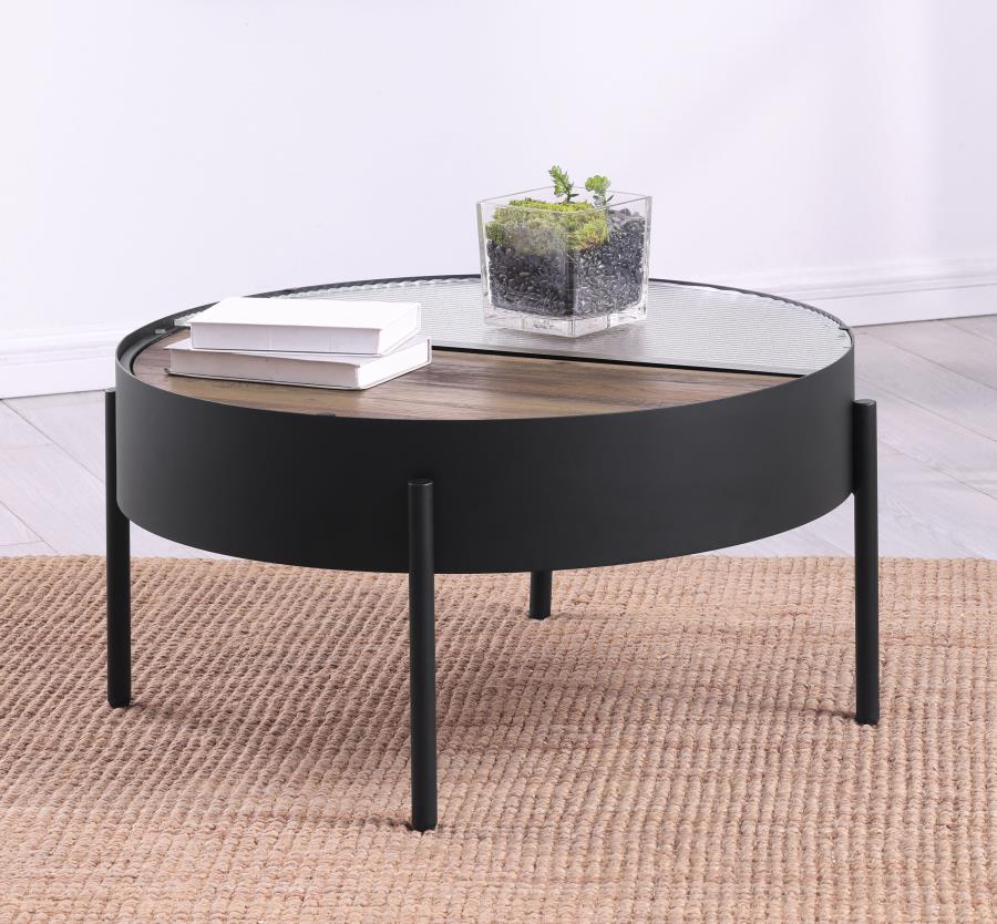 Ozella Round Coffee Table with Hidden Storage in Sandy Black – Stylish & Functional Living Room Table