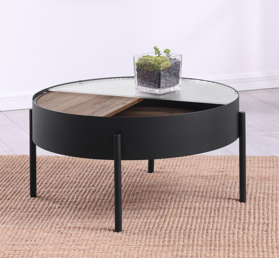 Ozella Round Coffee Table with Hidden Storage in Sandy Black – Stylish & Functional Living Room Table