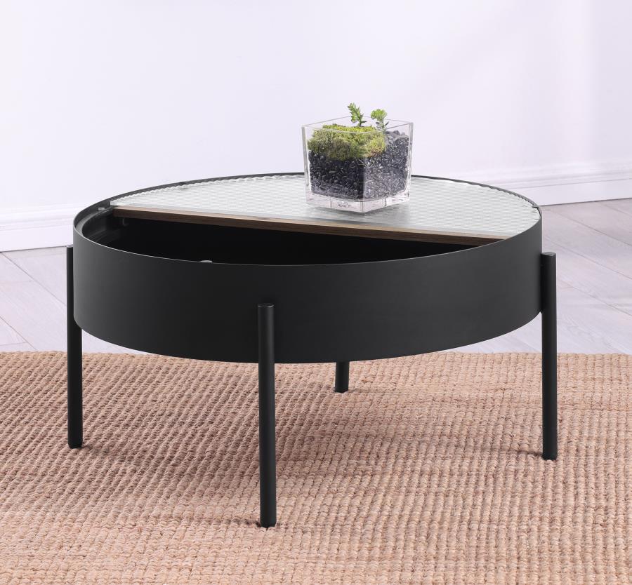 Ozella Round Coffee Table with Hidden Storage in Sandy Black – Stylish & Functional Living Room Table