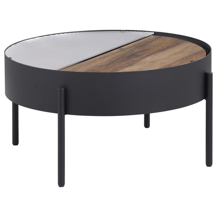 Ozella Round Coffee Table with Hidden Storage in Sandy Black – Stylish & Functional Living Room Table
