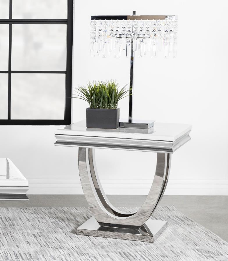 Kerwin Square Stone Top End Table White and Chrome - Sleek and Modern Accent Table for Your Living Room