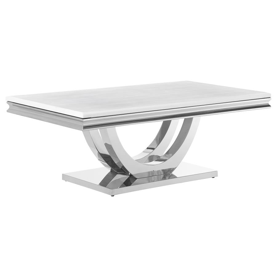 Kerwin Rectangular Stone Top Coffee Table White and Chrome - Elegant and Modern Coffee Table for Your Living Room