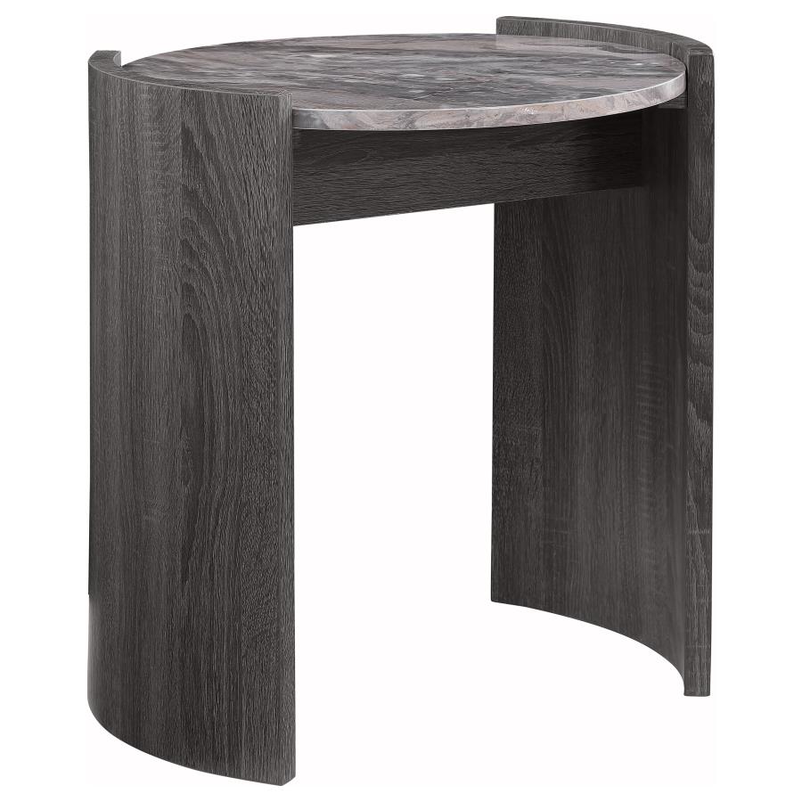 Gladstone Round End Table – Distressed Grey with Faux Marble Top
