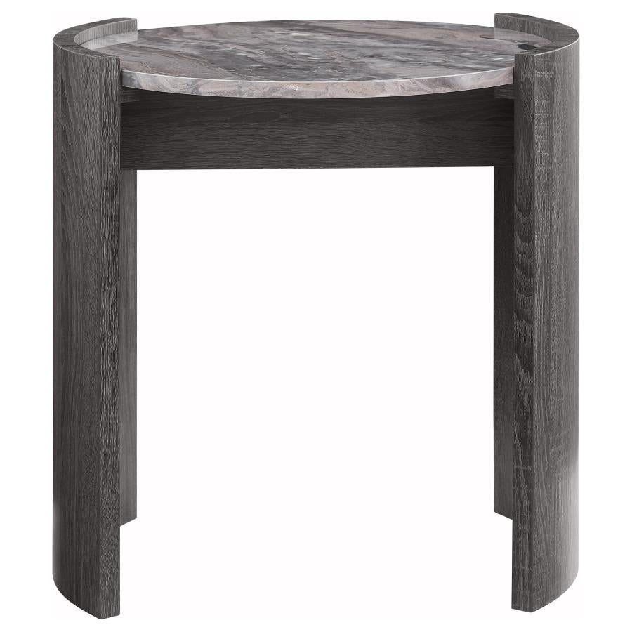 Gladstone Round End Table – Distressed Grey with Faux Marble Top