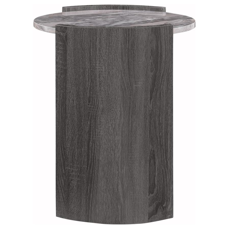 Gladstone Round End Table – Distressed Grey with Faux Marble Top