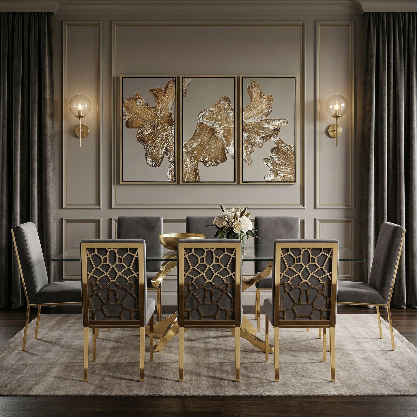 Reba Grey Velvet and Gold Dining Chair Set of 2