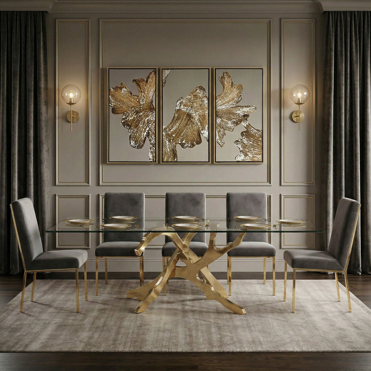 Reba Grey Velvet and Gold Dining Chair Set of 2