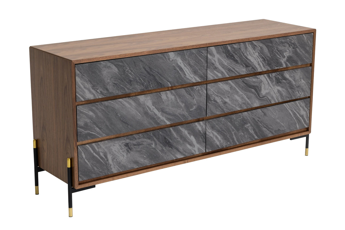 Metcalf Mid-Century Walnut and Grey Six-Drawer Dresser