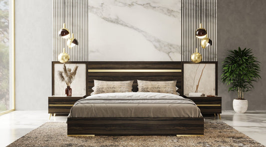 Nova Domus Velondra Modern Eucalypto & Marble Bed with Two Nightstands β Elegant Contemporary Bedroom Set