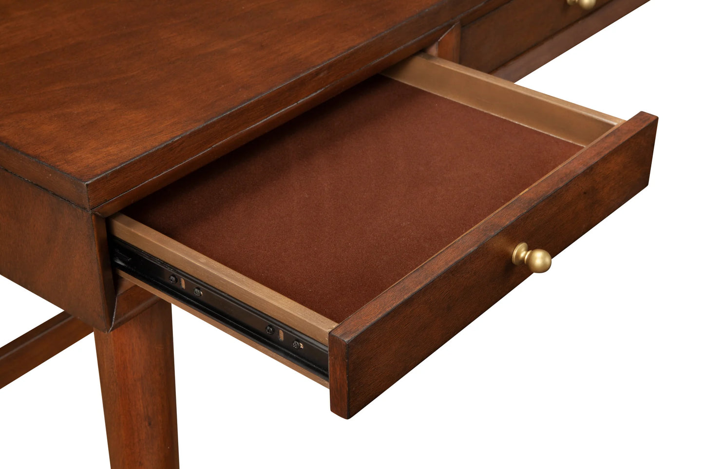 Flynn Large Desk in Rich Walnut - Mid-Century Modern Design with Three Felt-Lined Drawers and Elegant Tapered Legs for a Stylish Workspace