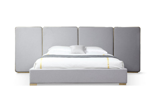 Modrest Athena Modern Light Grey Linen and Gold Bed for a Chic and Elegant Bedroom Upgrade