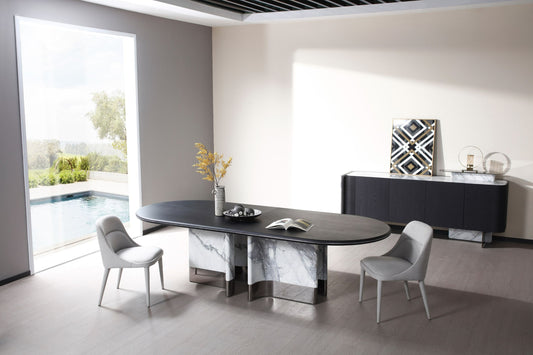 Modrest Renfew Modern Black Oak and Faux Marble Oval Dining Table for Stylish and Elegant Dining Rooms