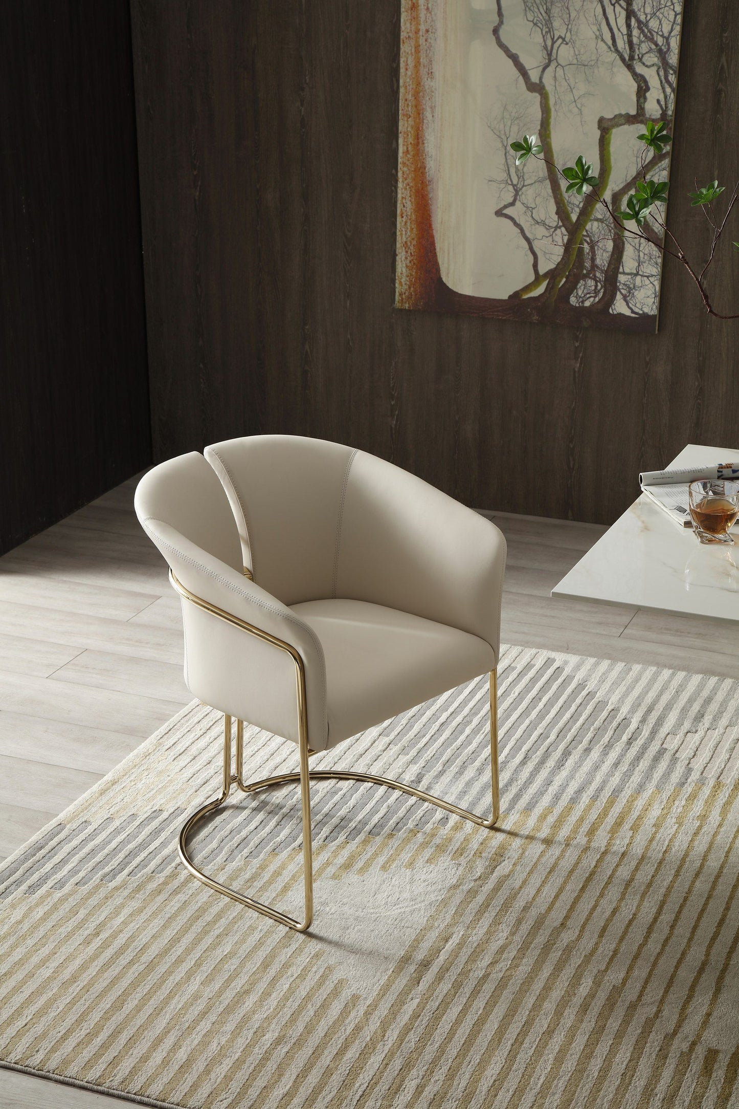 Modrest Renfew Modern Beige Vegan Leather and Champagne Gold Dining Chair for Elegant and Contemporary Dining Rooms