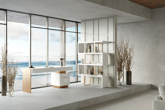 Modrest Trahan - Sleek Gloss White & Brushed Gold Office Desk | Elegant Workspace Design