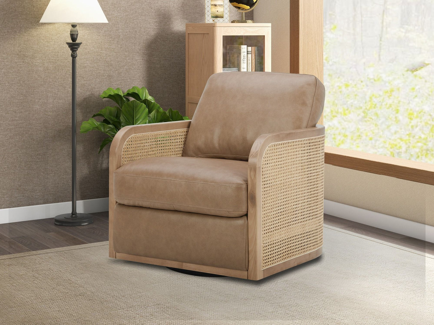 Divani Casa Danson Modern Tan Leather & Wicker Swivel Accent Chair - Stylish and Comfortable Seating for Your Home