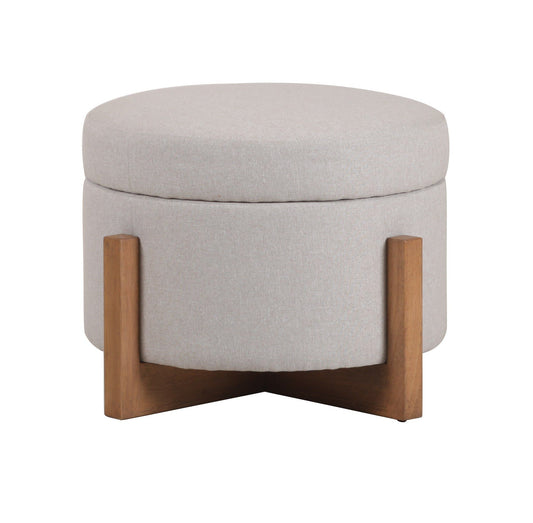 Modrest Sada Mid-Century Modern Beige Linen + Chestnut Round Ottoman - Stylish & Comfortable Addition to Your Living Space