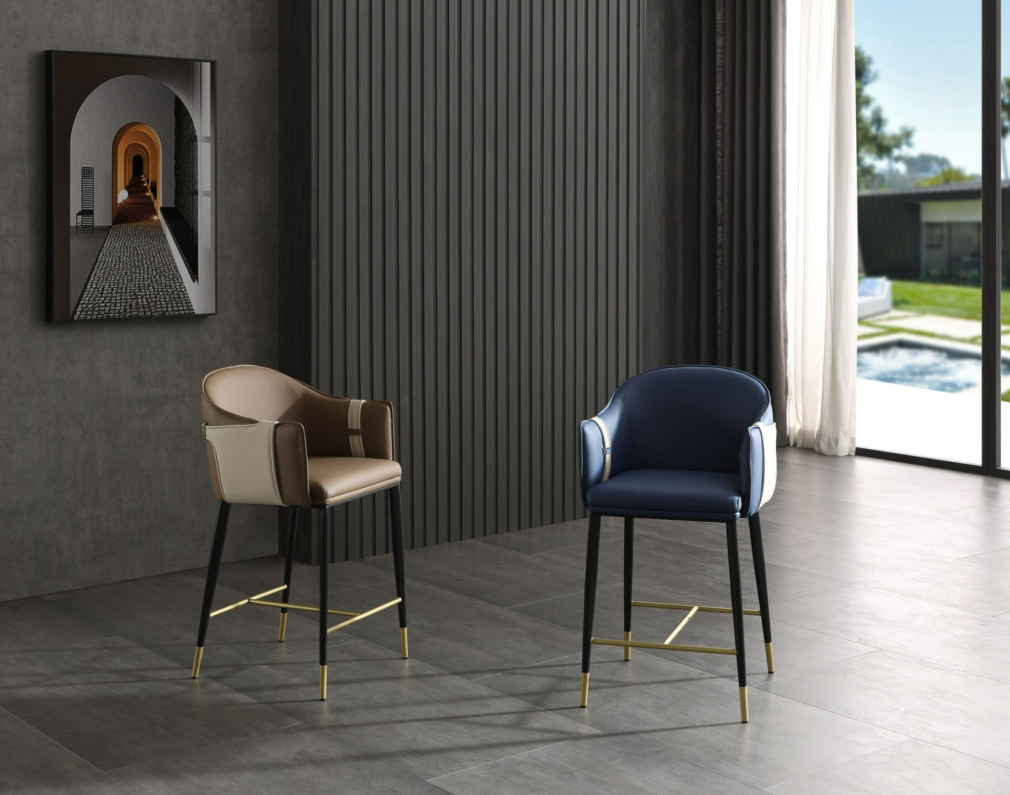 Shop Modrest Calder Modern Vegan Leather Counter Chair - Stylish Blue & Beige Design for Contemporary Kitchens