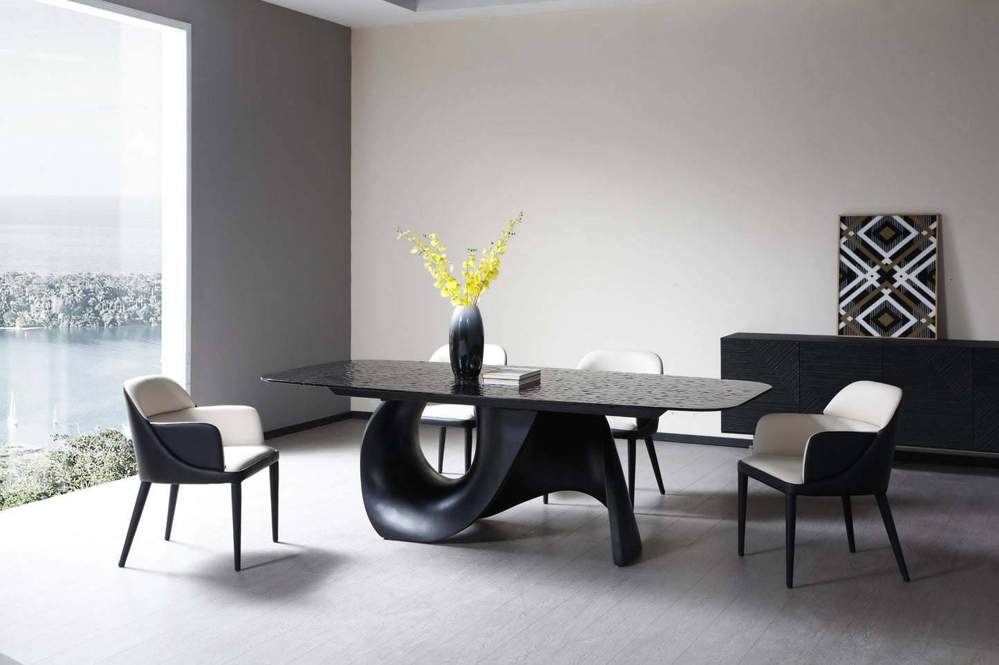 Modrest Neptune Modern Grey Wave Glass + Black Dining Table - Sleek and Stylish Dining Solution for a Contemporary Dining Room