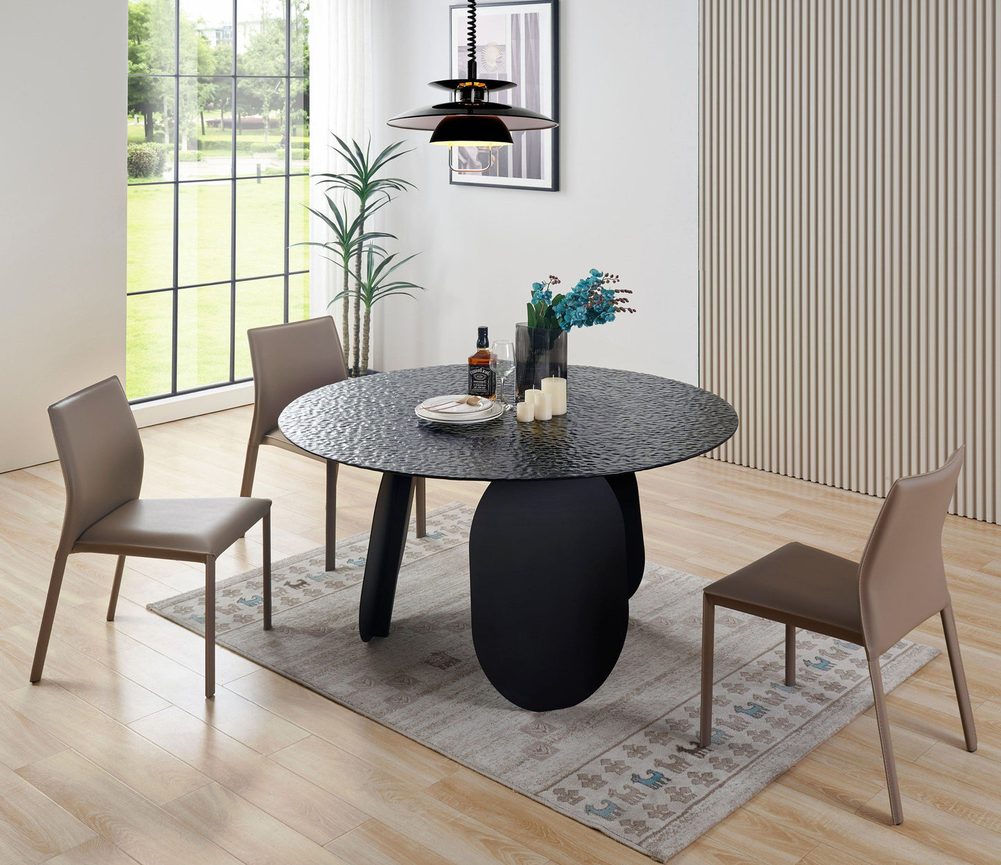 Modrest Maxine Modern Hammered Grey Glass Round Dining Table - Stylish and Elegant Dining Solution for a Contemporary Home