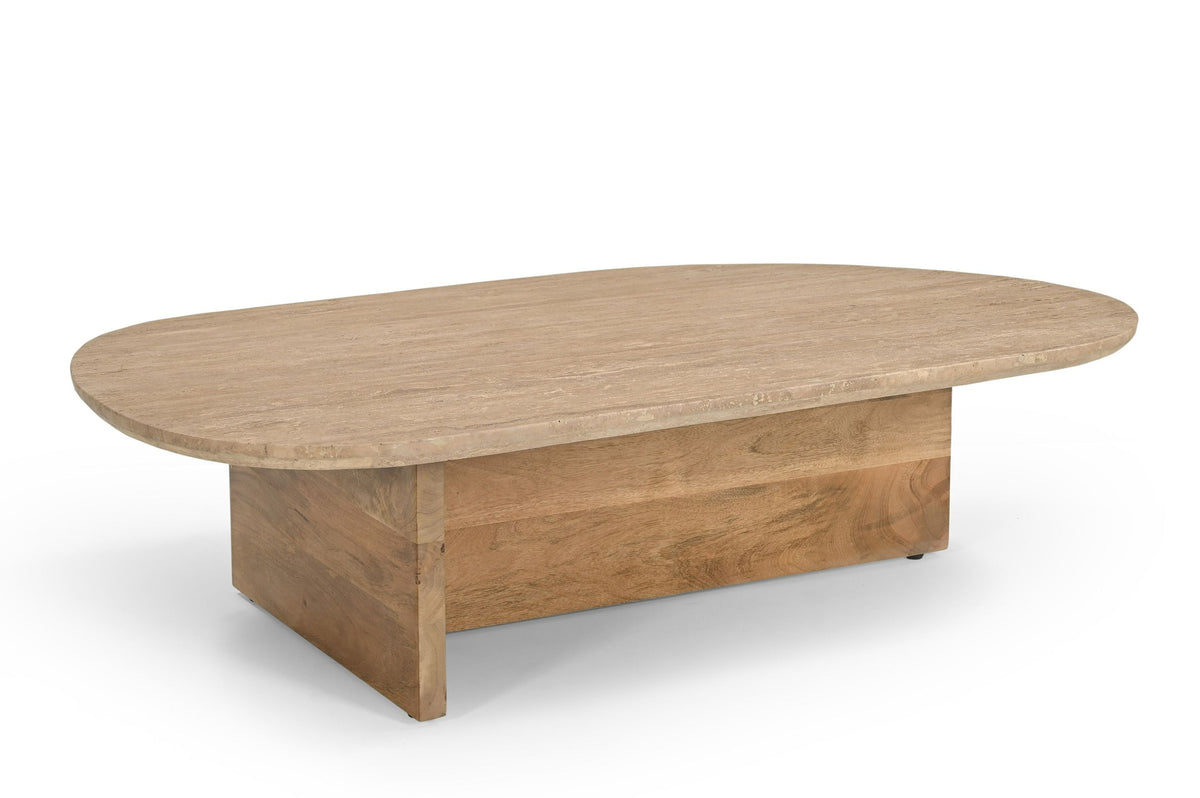 Chisholm Travertine Marble Wood Freeform Coffee Table