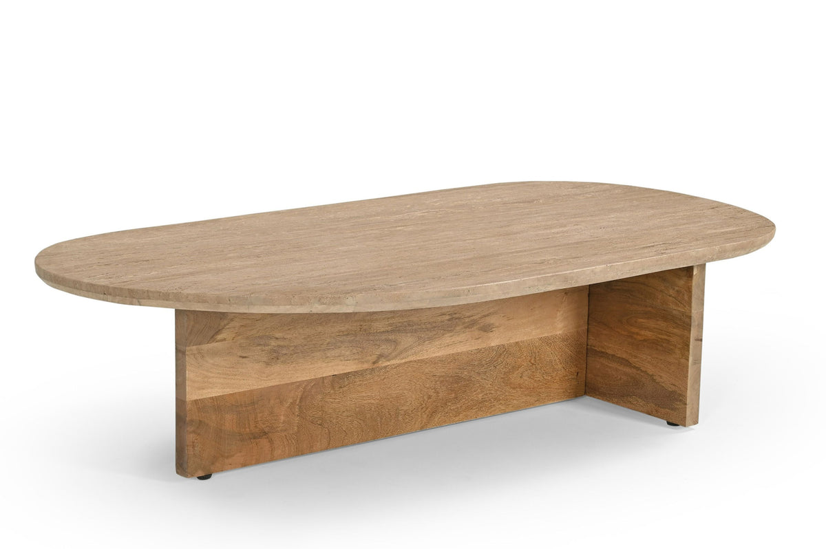 Chisholm Travertine Marble Wood Freeform Coffee Table