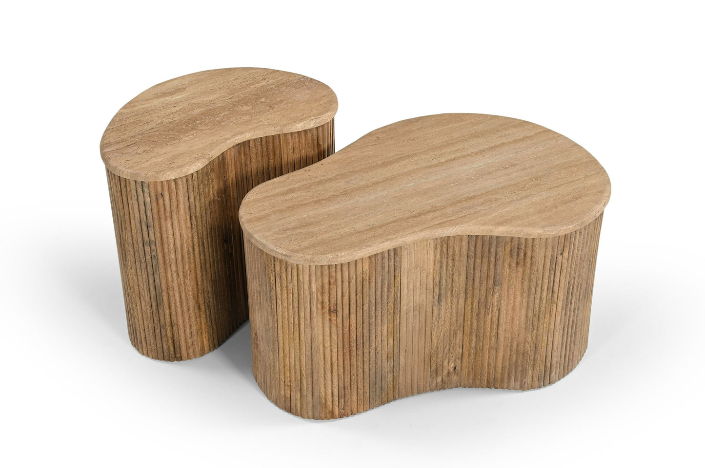 Modern Matador Modern Travertine Marble and Wood Freeform Coffee Table Set β A Stunning Blend of Organic Design and Contemporary Elegance.