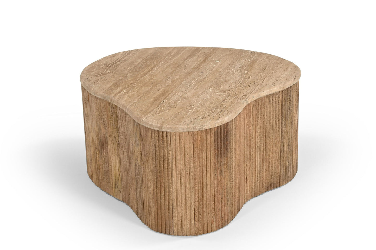 Modern Matador Modern Travertine Marble and Wood Freeform Coffee Table Set β A Stunning Blend of Organic Design and Contemporary Elegance.