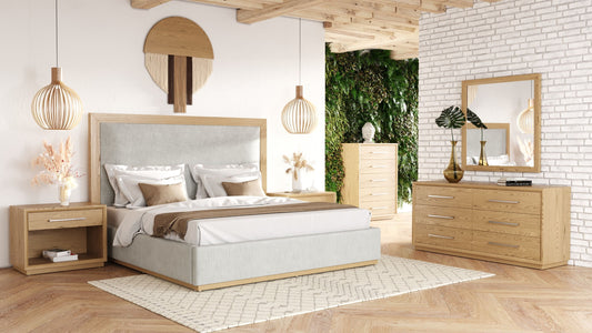 Nova Domus Santa Barbara Modern Grey Fabric & Natural Bedroom Set - Contemporary Bed, Nightstands & Storage