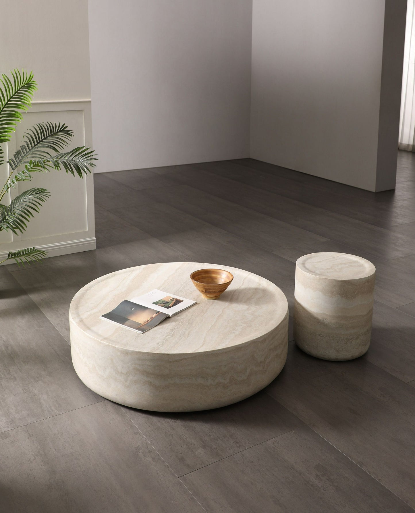 Modrest Cozad Modern Faux Travertine Round Coffee Table A Sculptural Blend of Organic Elegance and Contemporary Sophistication for Stylish Living Spaces