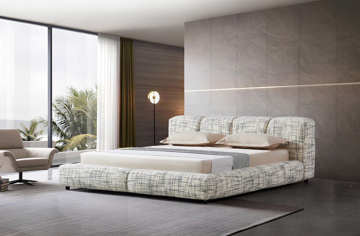 Modrest Shiloh Modern Off-White + Black Fabric Bed - Stylish and Comfortable Centerpiece for Your Bedroom