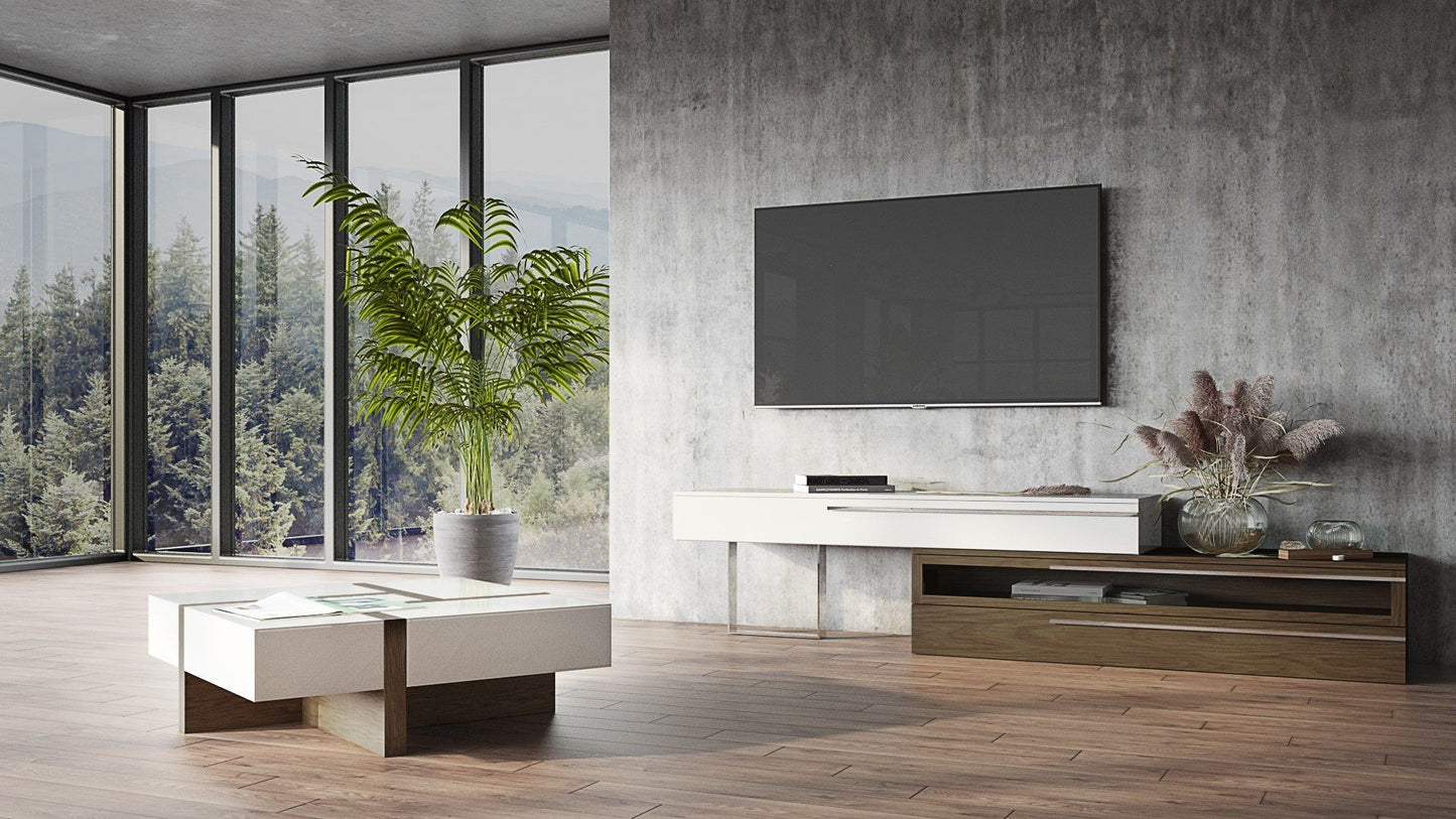 Modrest Karlstad Modern White Walnut TV Stand A Sleek Fusion of Contemporary Design and Functional Elegance for Sophisticated Living Spaces