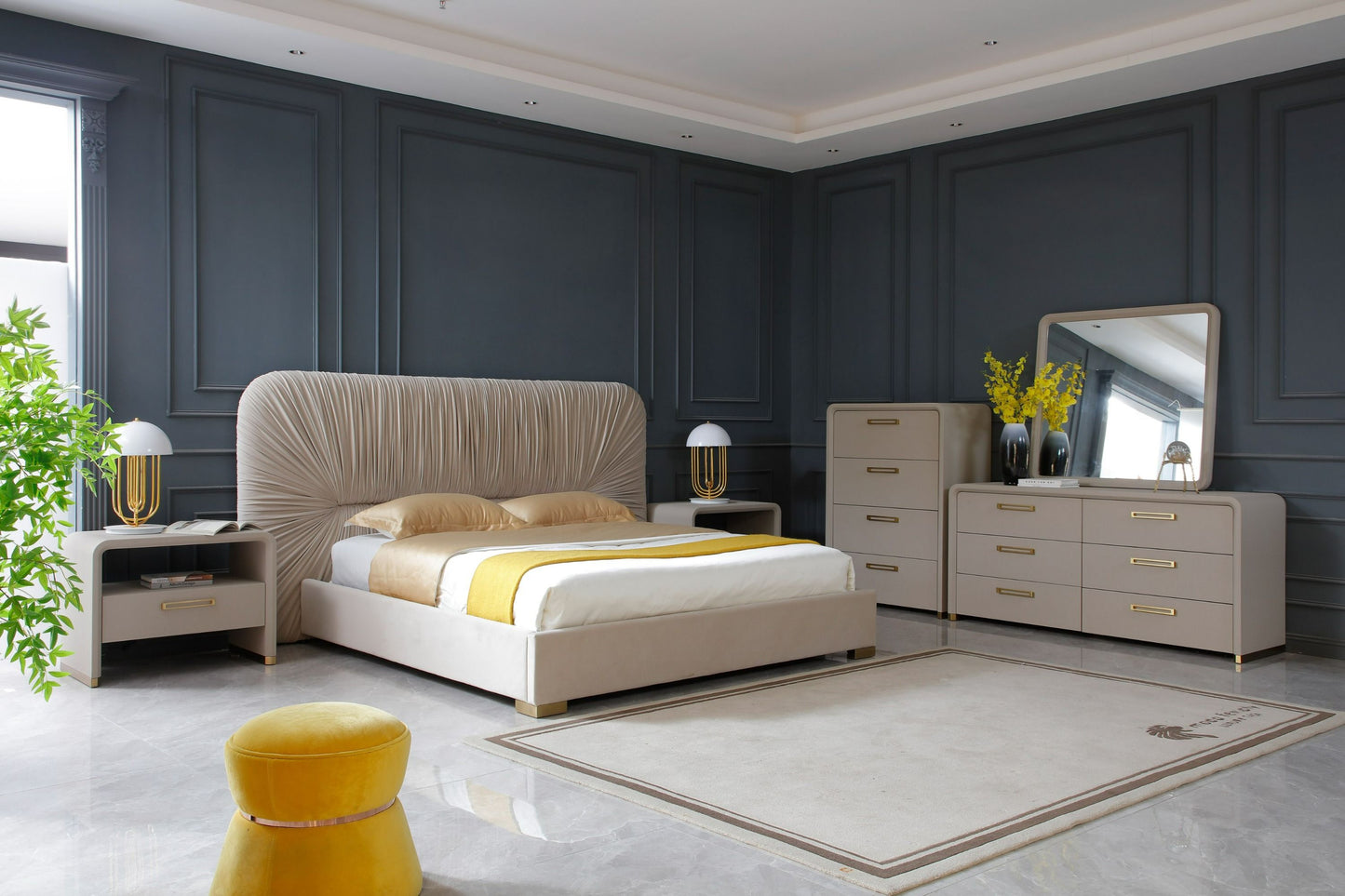 Modrest Florence Modern Beige Shagreen and Gold Dresser - Luxurious Storage Dresser for Contemporary Bedrooms