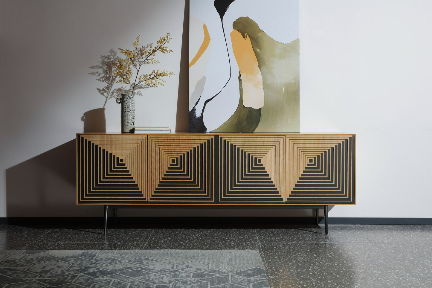 Modrest Azteca Modern Buffet – White Oak with Black Geometric Pattern - Stylish Storage & Display