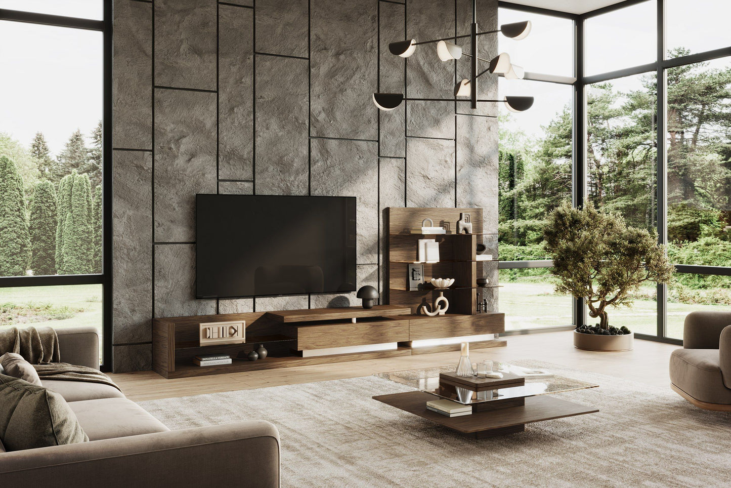 Modrest Clarion Modern Walnut & Grey Glass Coffee Table - Chic and Sophisticated Living Room Accent