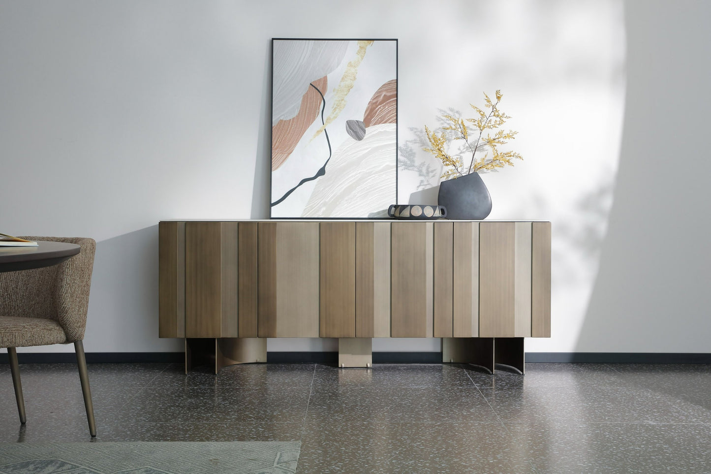 Lamod Kiefer Modern Faux Travertine Ceramic and Bronze Buffet – Elegant Sideboard Cabinet
