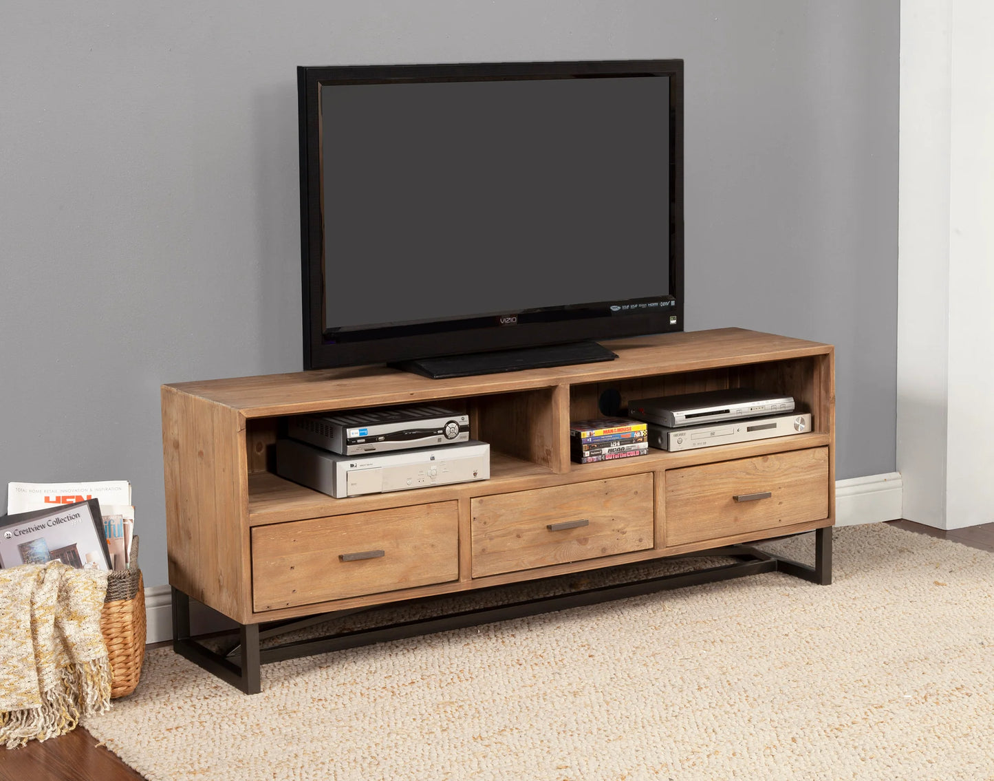 Sierra Elegant TV Console in Dry Sand Finish – Crafted with Reclaimed Pine, Featuring Metal Legs and 3 Spacious Drawers for Stylish Storage