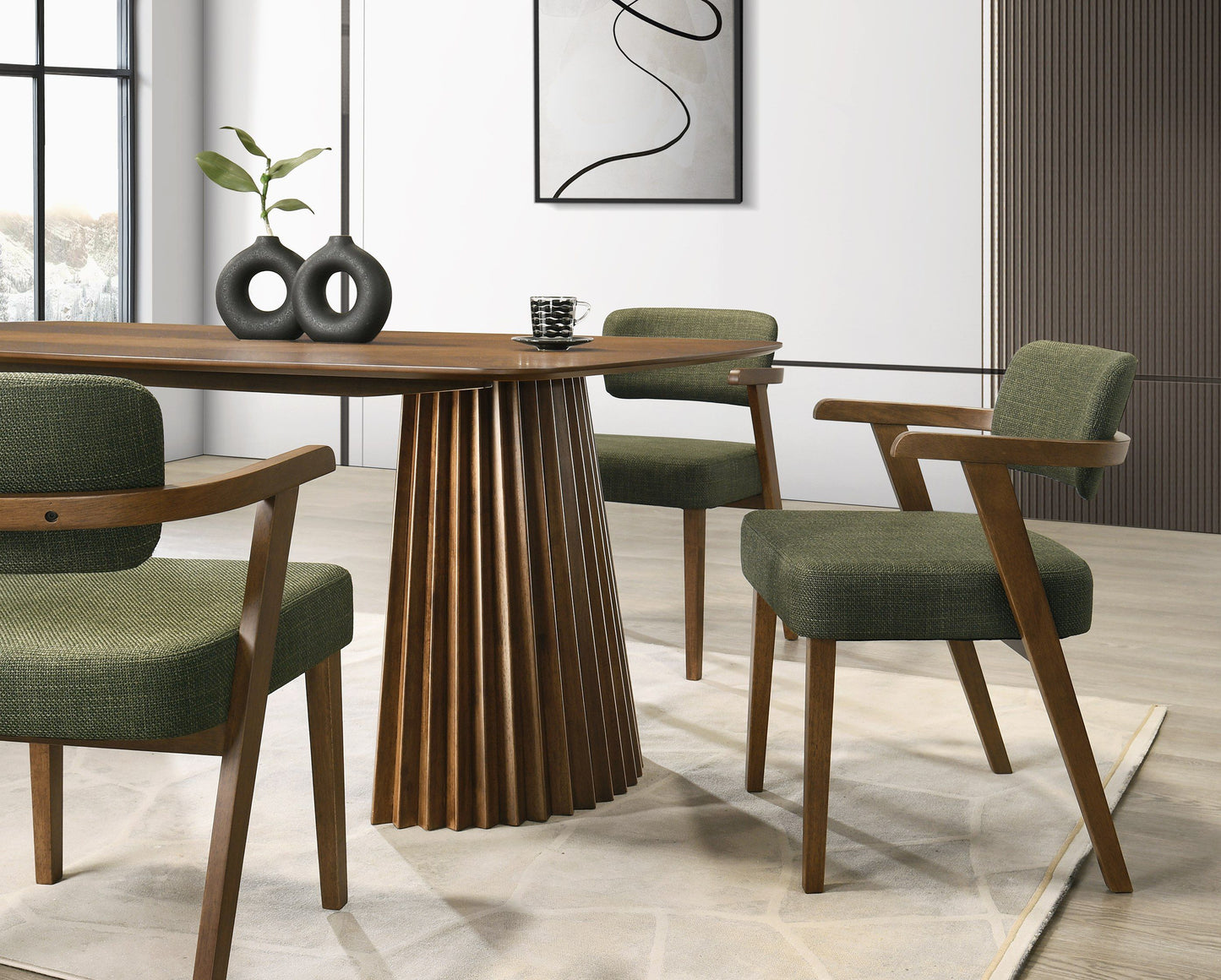 Modrest Sacks Mid-Century Modern Dining Set β Green Fabric Chairs & Herringbone Walnut Table